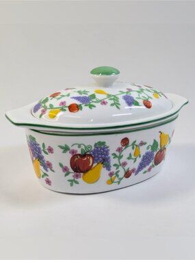 French Covered Butter Bell Dish White Multicolor Fruit 3 Piece Cook St Vintage